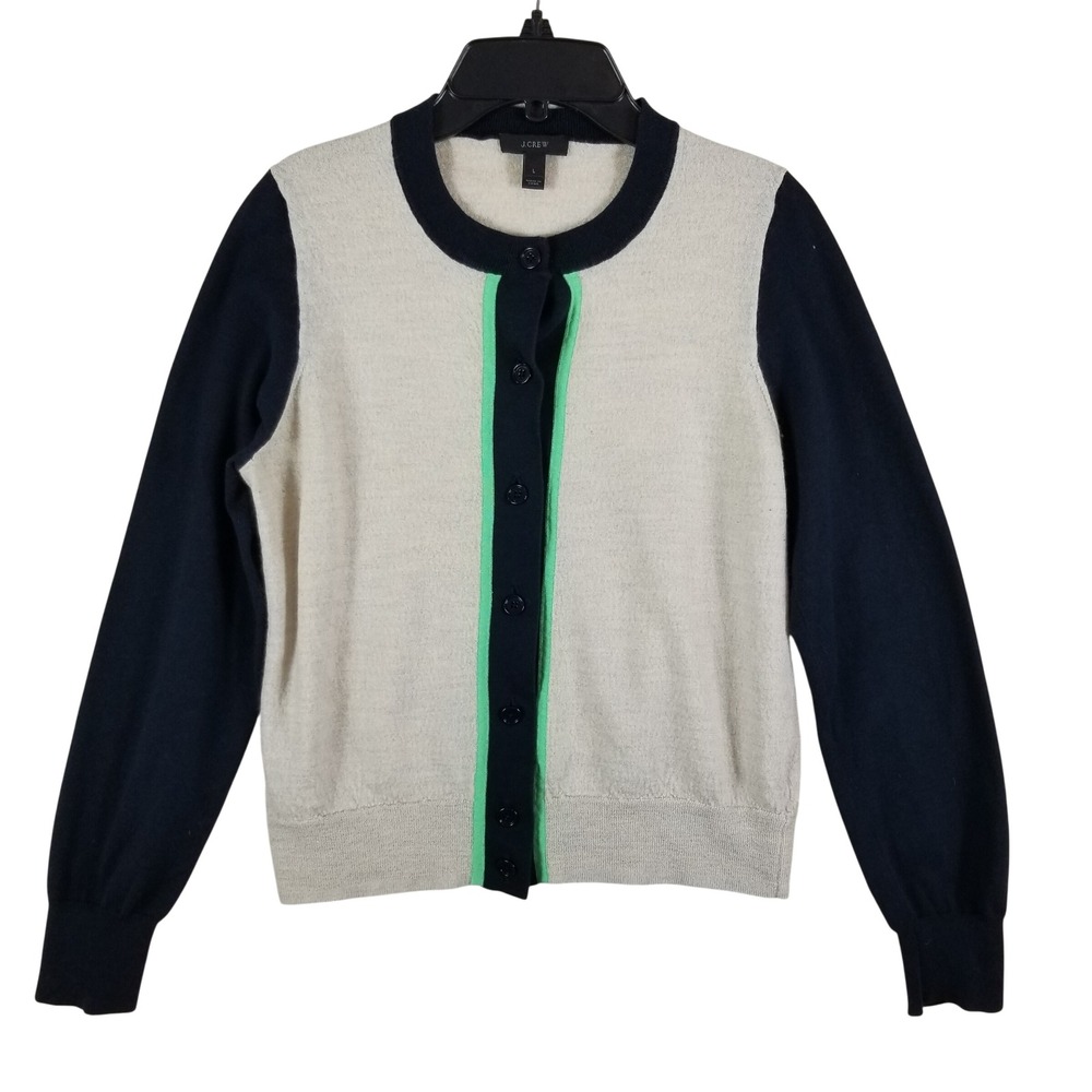 J.Crew Womens Merino Wool Colorblock‎ Cardigan Navy Gray Green 85197 L